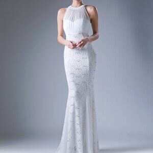 NEW WHITE Chiffon Halter Neckline Jewel Sheath Dress CDA1613